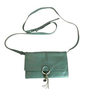 Lucky Brand Small Green Leather Crossbody Envelope Bag Adjustable Strap & Tassel